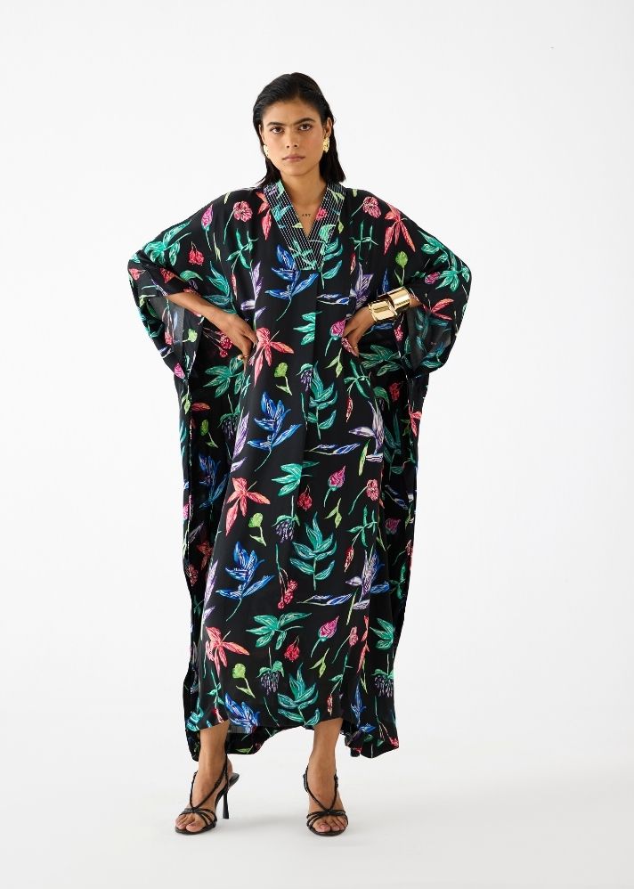 A Model Wearing Multicolor Vegan Silk Black Botanica Kaftan , curated by Only Ethikal