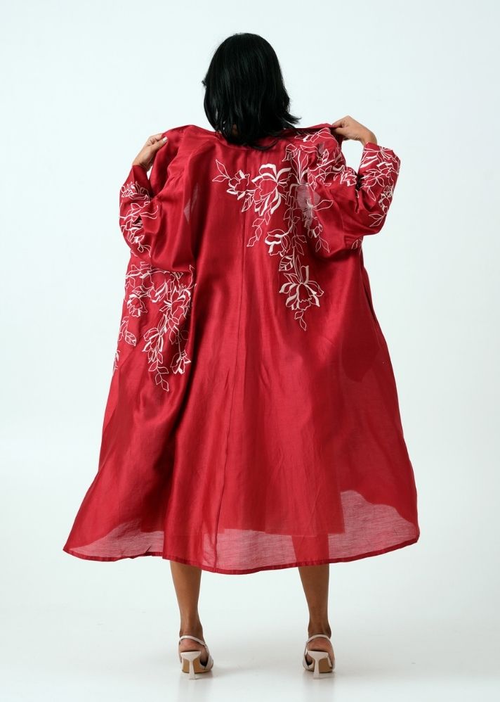 A Model Wearing Red Handloom Chanderi Silk Dallas 2.0 Jacket, curated by Only Ethikal