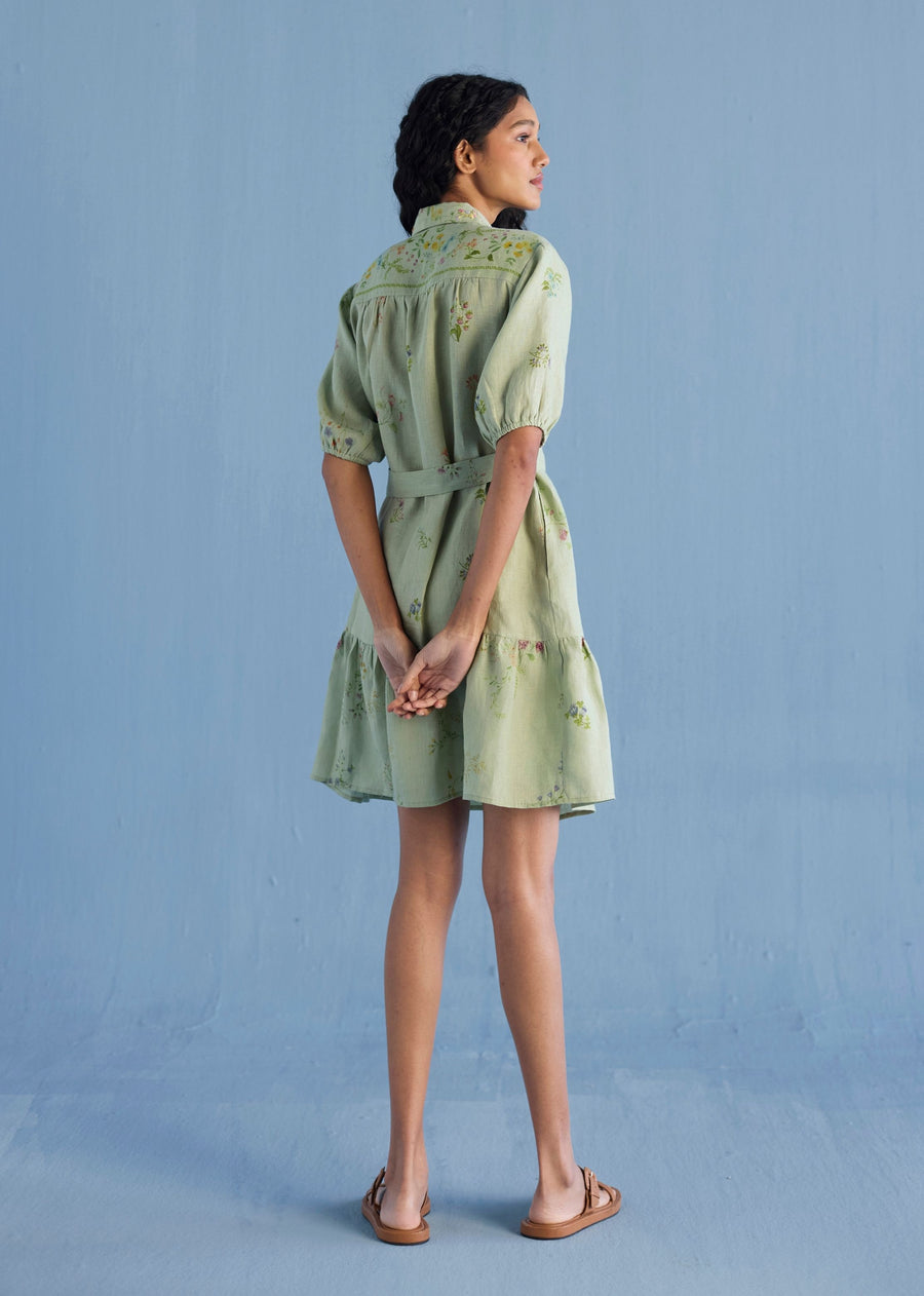 Sia Hand-Embroidered Floral Dress - Mint