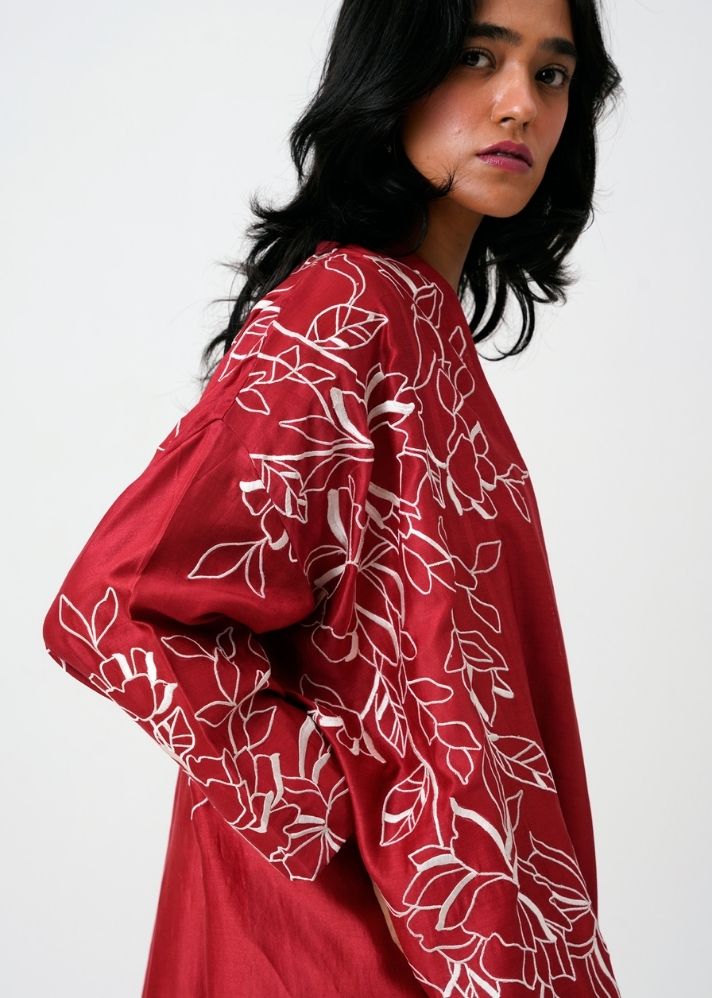 A Model Wearing Red Handloom Chanderi Silk Dallas 2.0 Jacket, curated by Only Ethikal