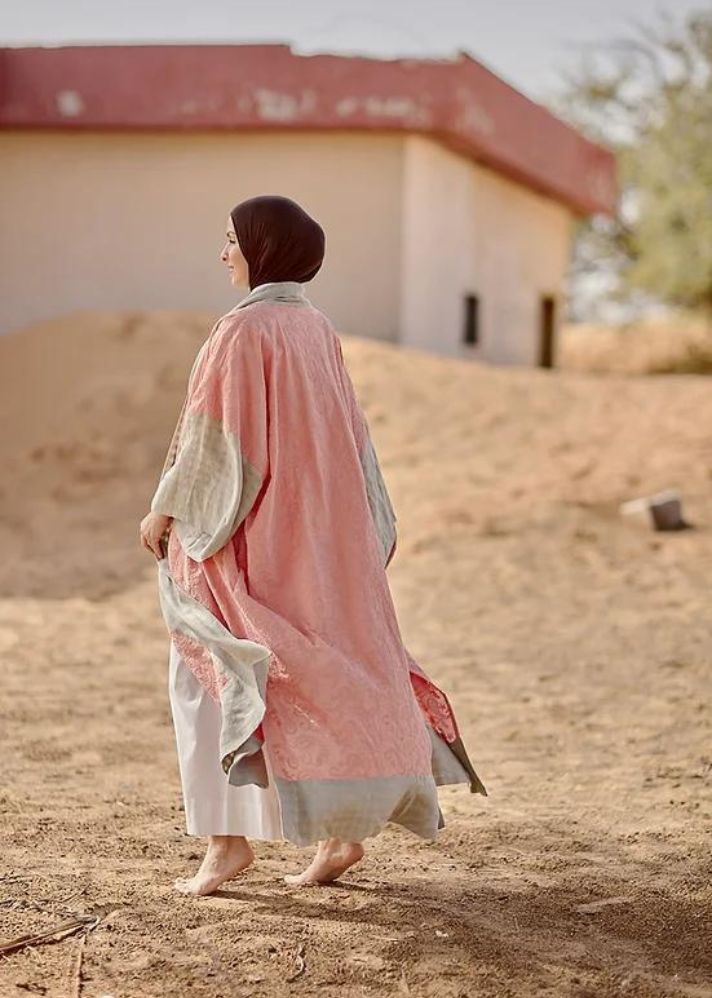 A Model Wearing Multicolor Linen Abidha Abaya - Pink Threadwork, curated by Only Ethikal