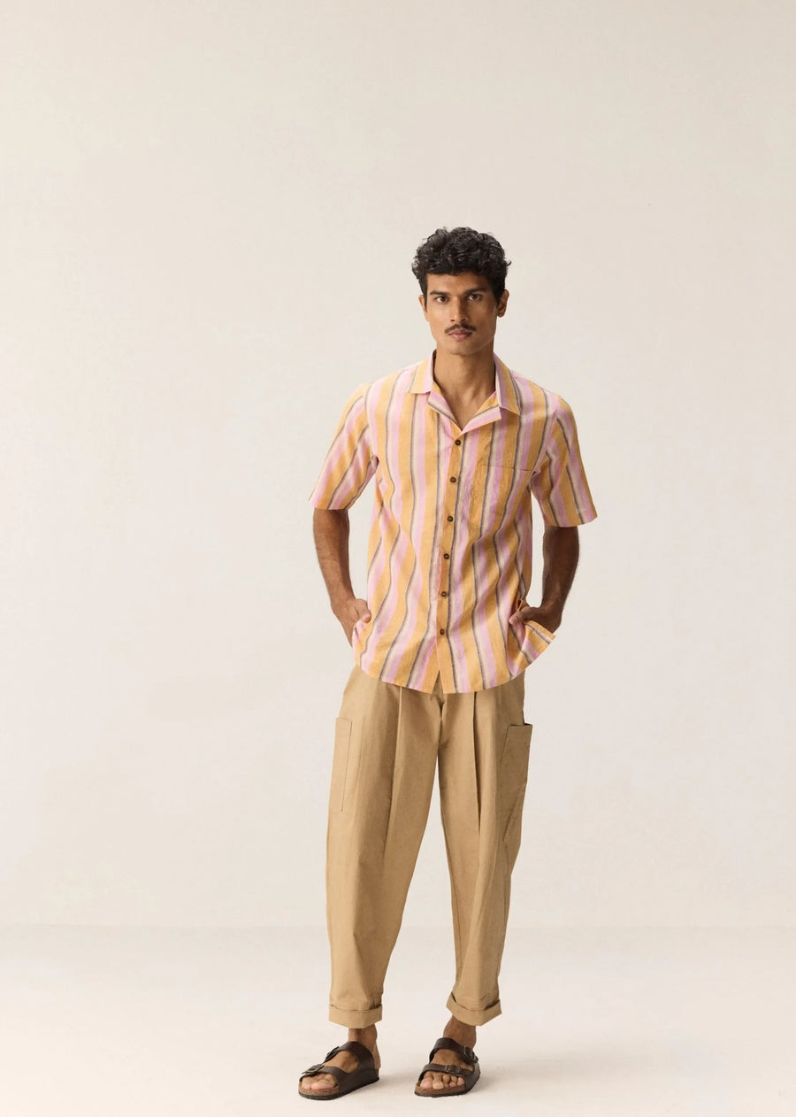 A Model Wearing Multicolor Cotton Khadi Citrus Waves Shirt, curated by Only Ethikal