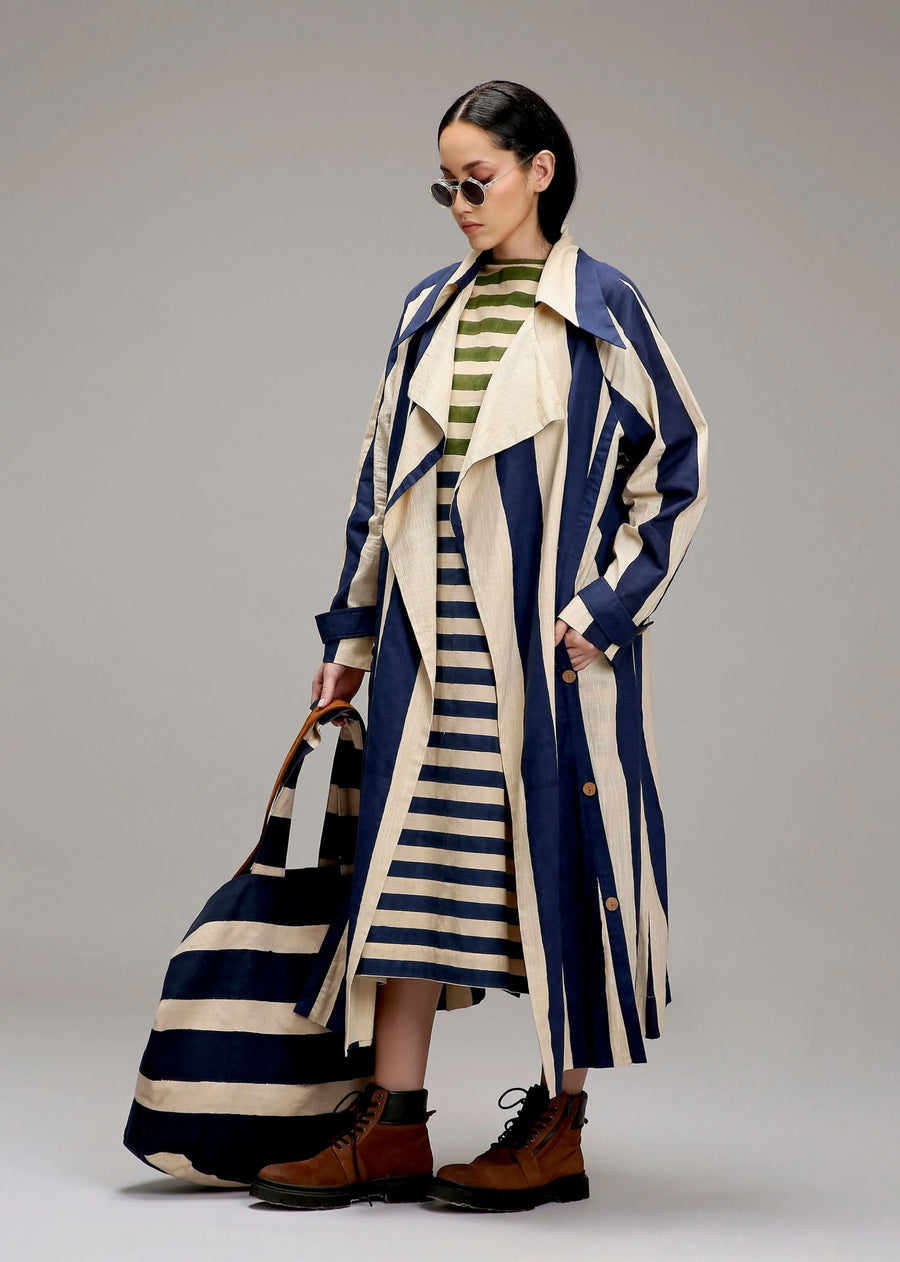 Egg-Shell Blue & Green Dual Stripe Dress Jacket Set (2 Pcs)