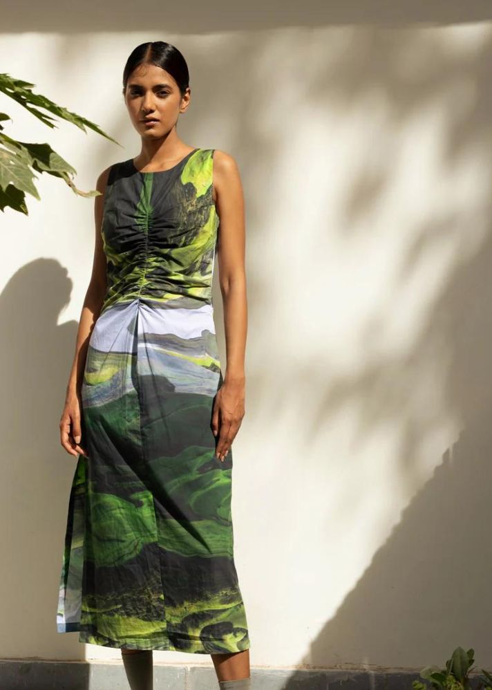 A Model Wearing Multicolor Upcycled Cotton Sarah Printed Dress, curated by Only Ethikal