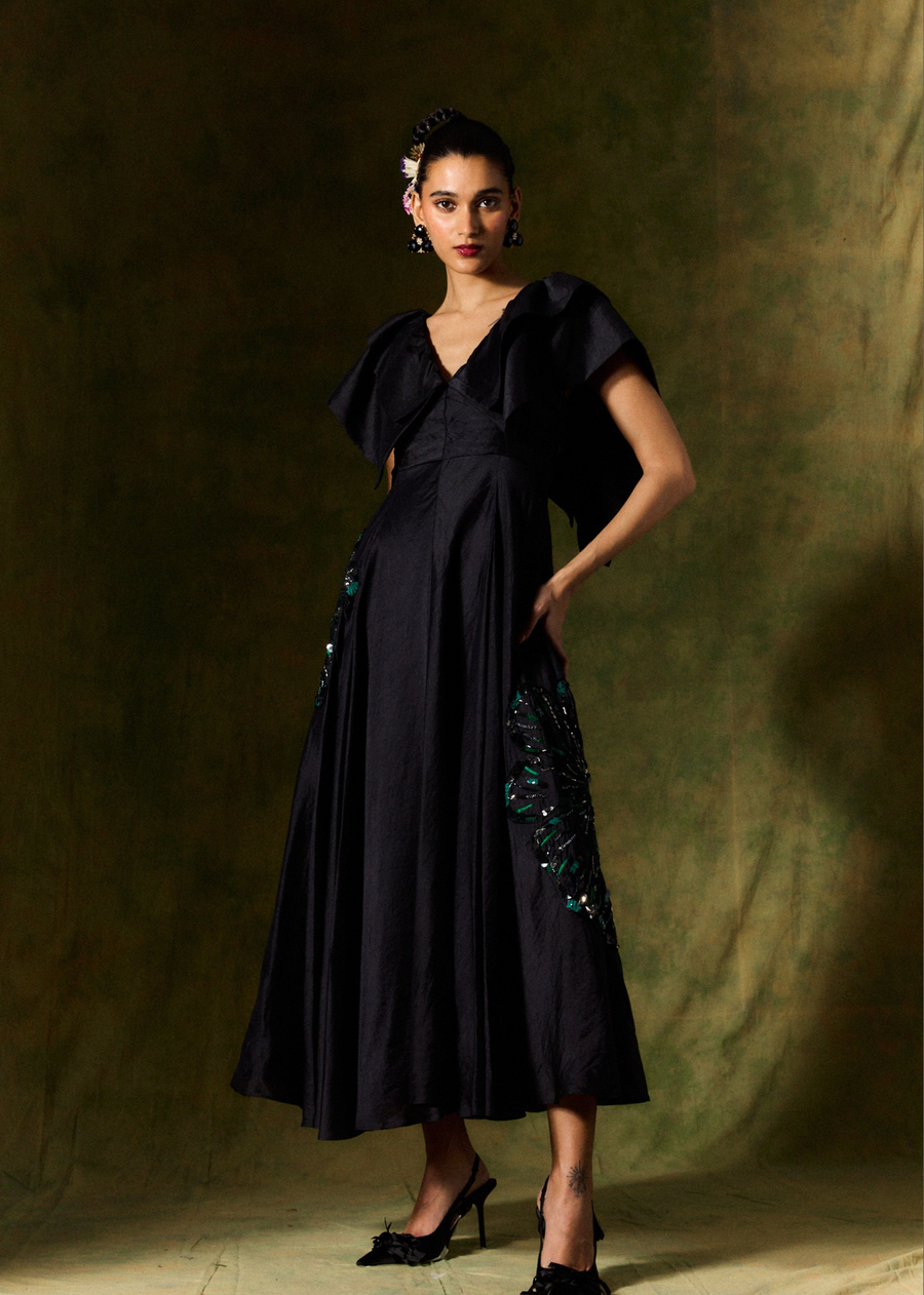 A Model Wearing Black Silk Rania Silk Dress, curated by Only Ethikal