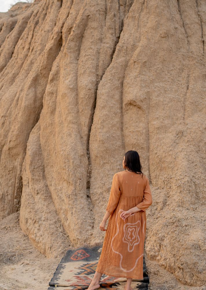 A Model Wearing Peach Chanderi Cotton Rust Arazi Dress, curated by Only Ethikal