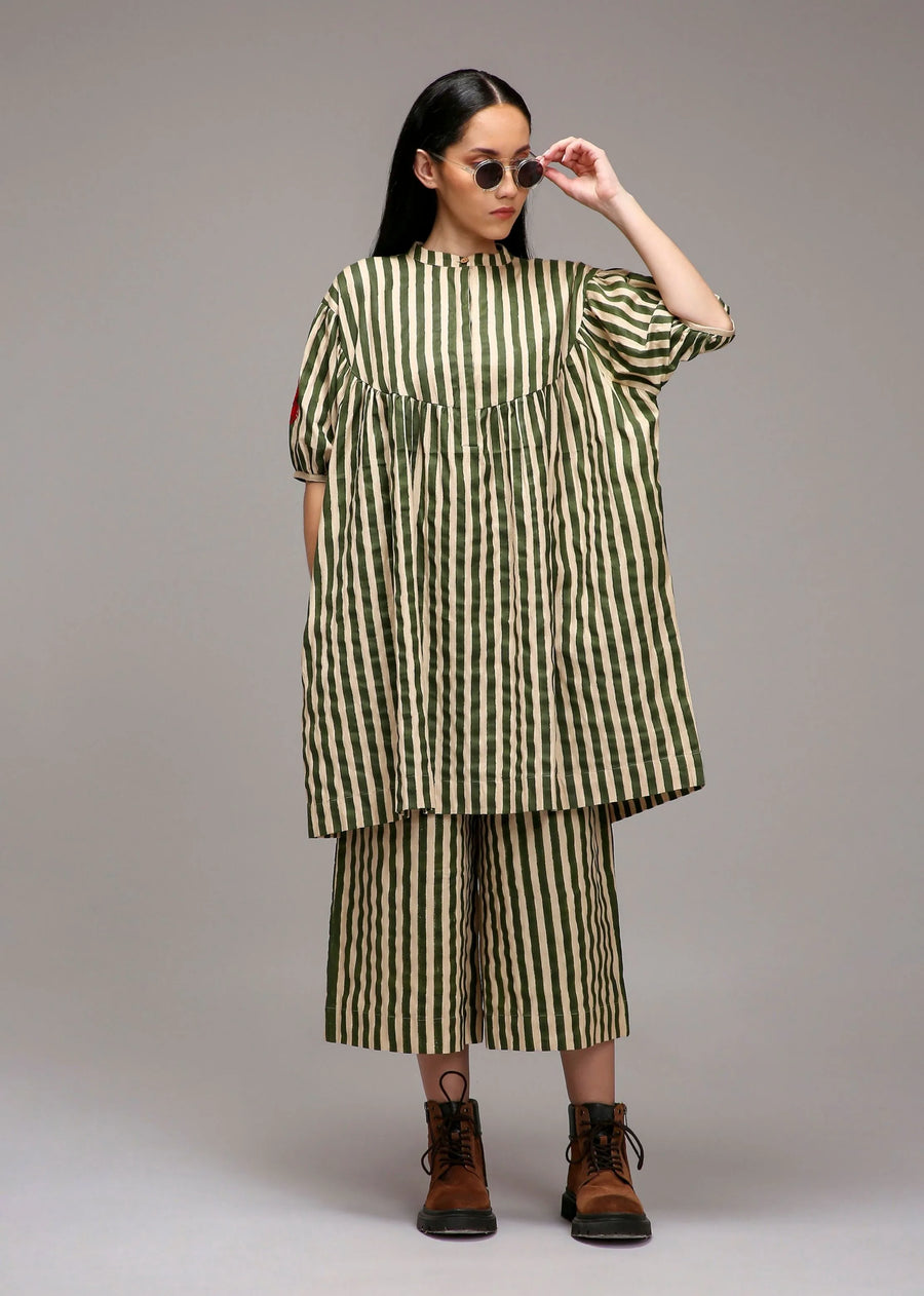 A Model Wearing Multicolor Cotton Egg-Shell Green Striped Short Acra Tunic, curated by Only Ethikal