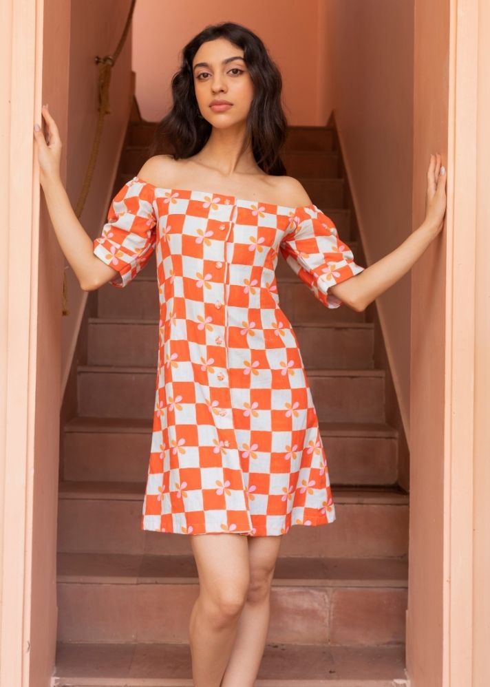 A Model Wearing Multicolor Organic Cotton Oscar Dress- Peach Checks, curated by Only Ethikal