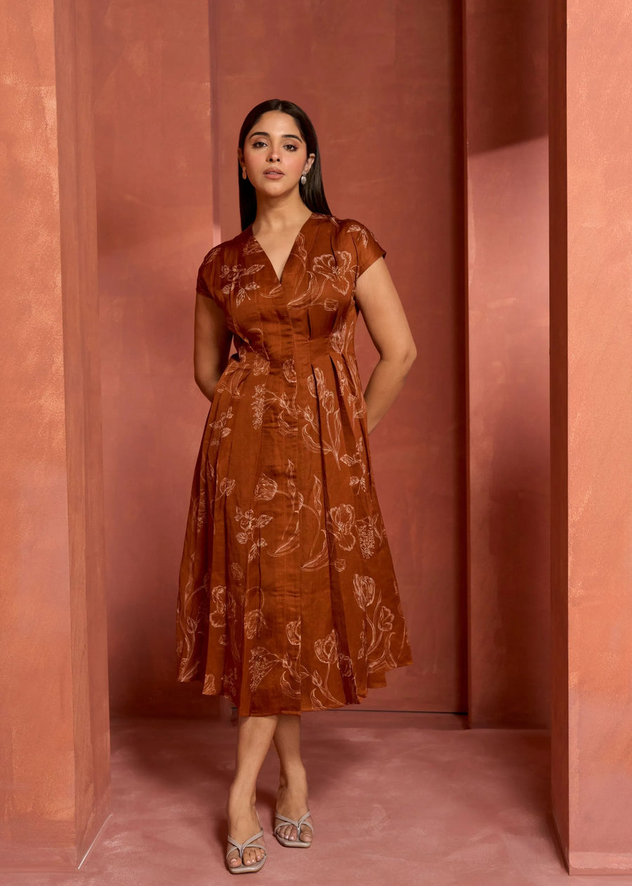 A Model Wearing Orange Linen Bemberg Champagne Dress, curated by Only Ethikal