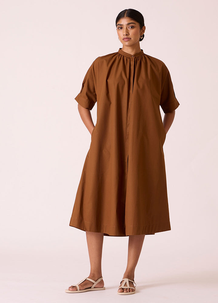 A Model Wearing Brown Poplin Klever Cotton Shirt Dress, curated by Only Ethikal