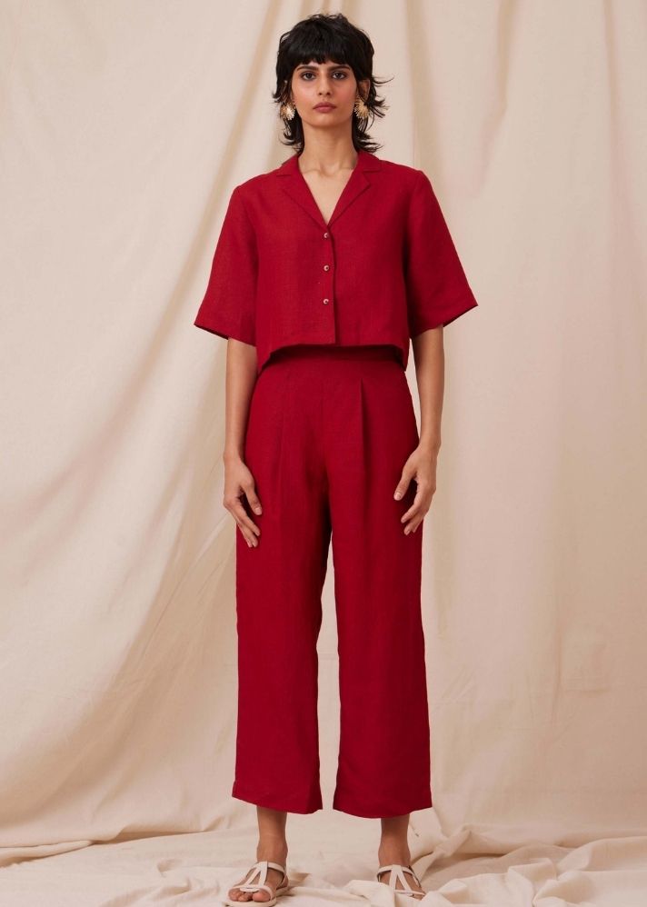 A Model Wearing   Linen Clyde Scarlet Linen Co-ord, curated by Only Ethikal