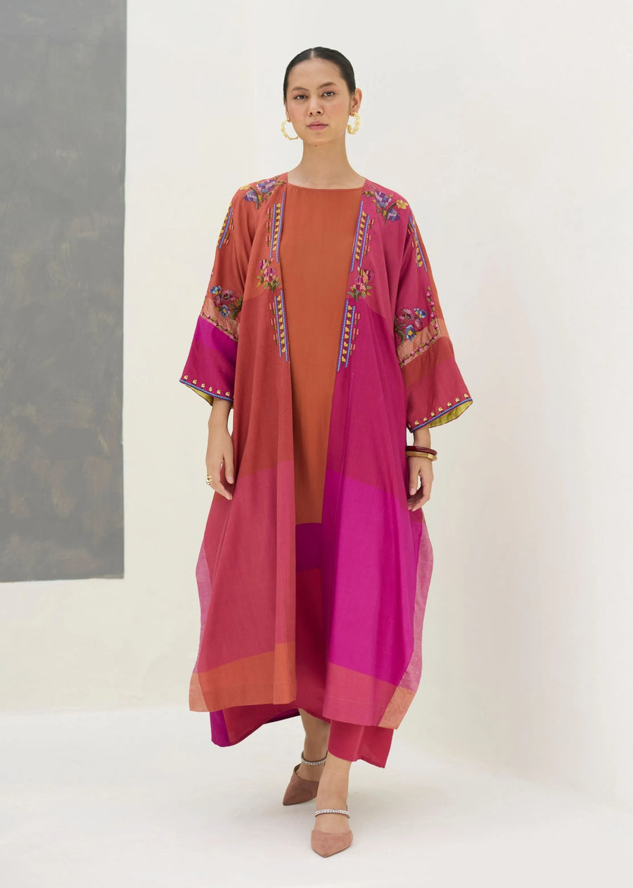 A Model Wearing Pink Silk Darri Hand-Embroidered Overlay With Mulberry Silk Dress - Rose, curated by Only Ethikal