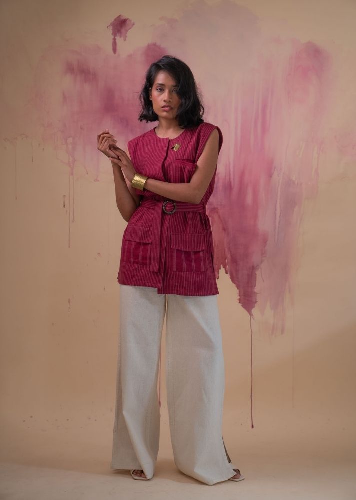 A Model Wearing Red Pure Cotton Phosphene Unisex Vest, curated by Only Ethikal