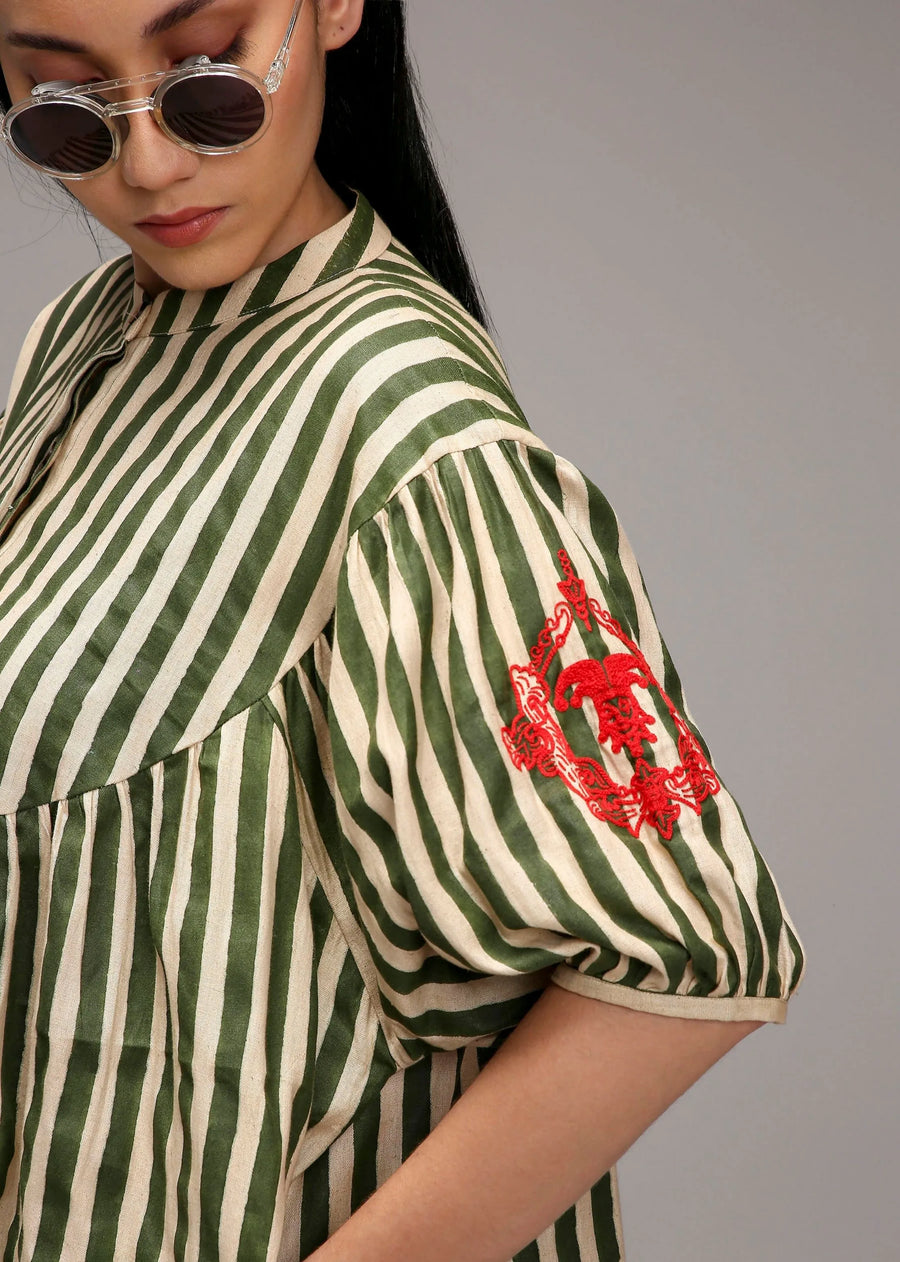 Egg-Shell Green Striped Short Acra Tunic