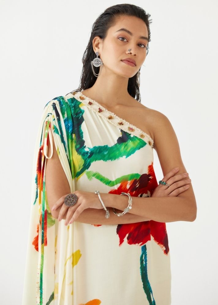 A Model Wearing Multicolor Organic Cupro Monet One Shoulder Drawstring Dress, curated by Only Ethikal