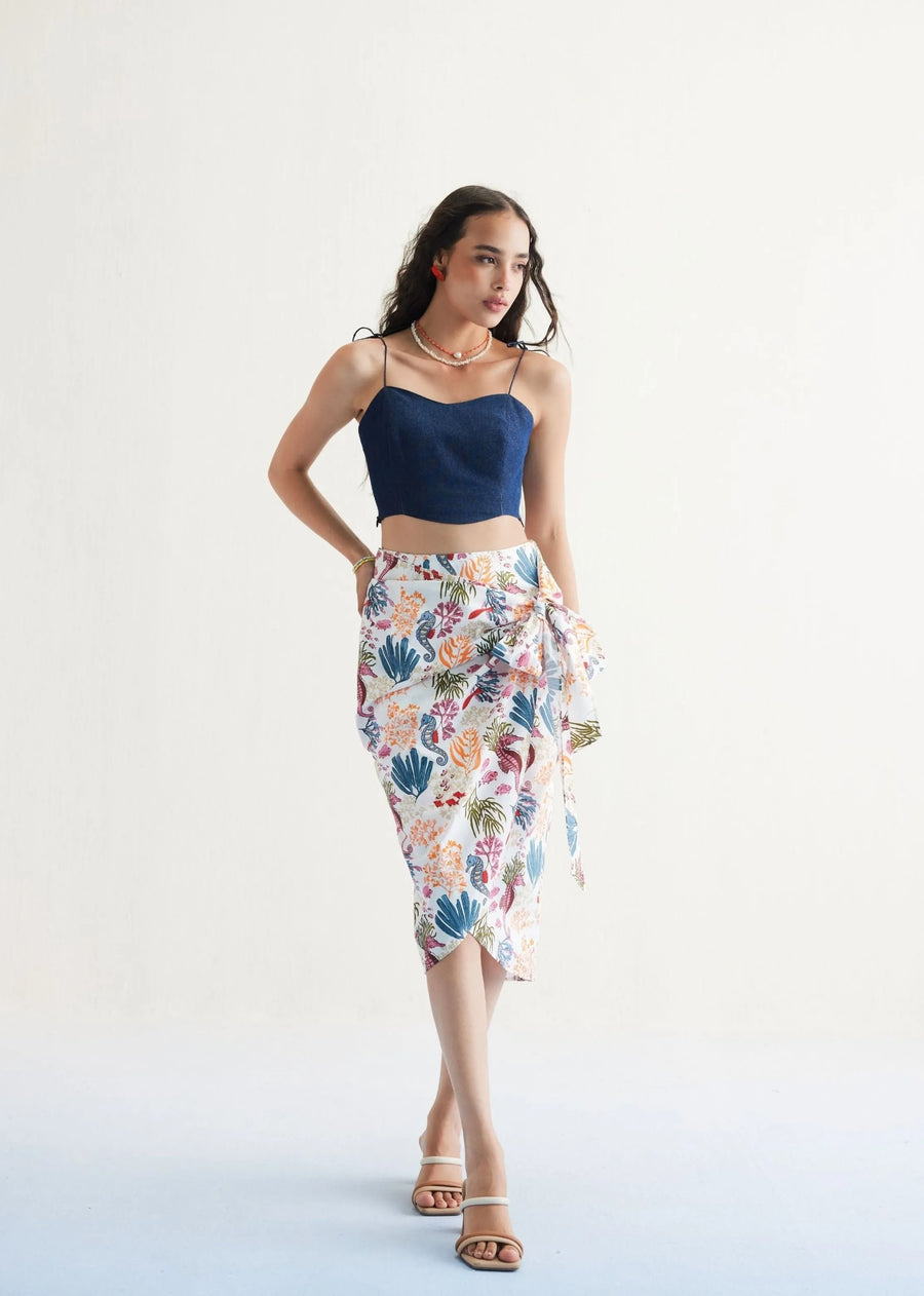 A Model Wearing White Organic Cotton Blooming Reef Cotton White Wrap Skirt, curated by Only Ethikal