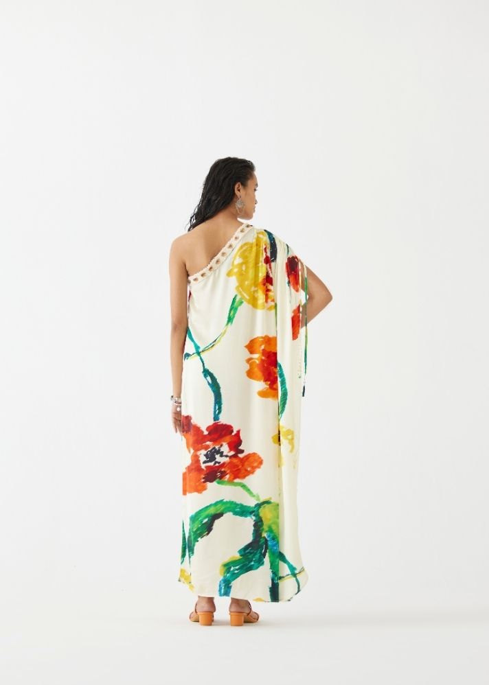 A Model Wearing Multicolor Organic Cupro Monet One Shoulder Drawstring Dress, curated by Only Ethikal