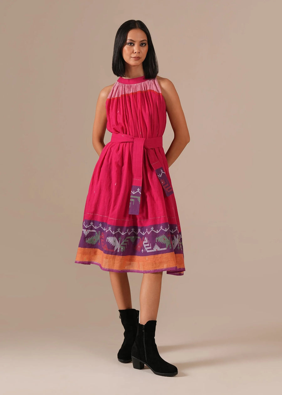 A Model Wearing Multicolor Pure Cotton Pink Ember Dress, curated by Only Ethikal