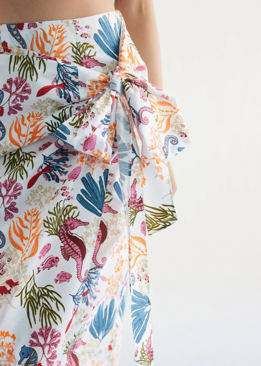 Blooming Reef Cotton White Wrap Skirt
