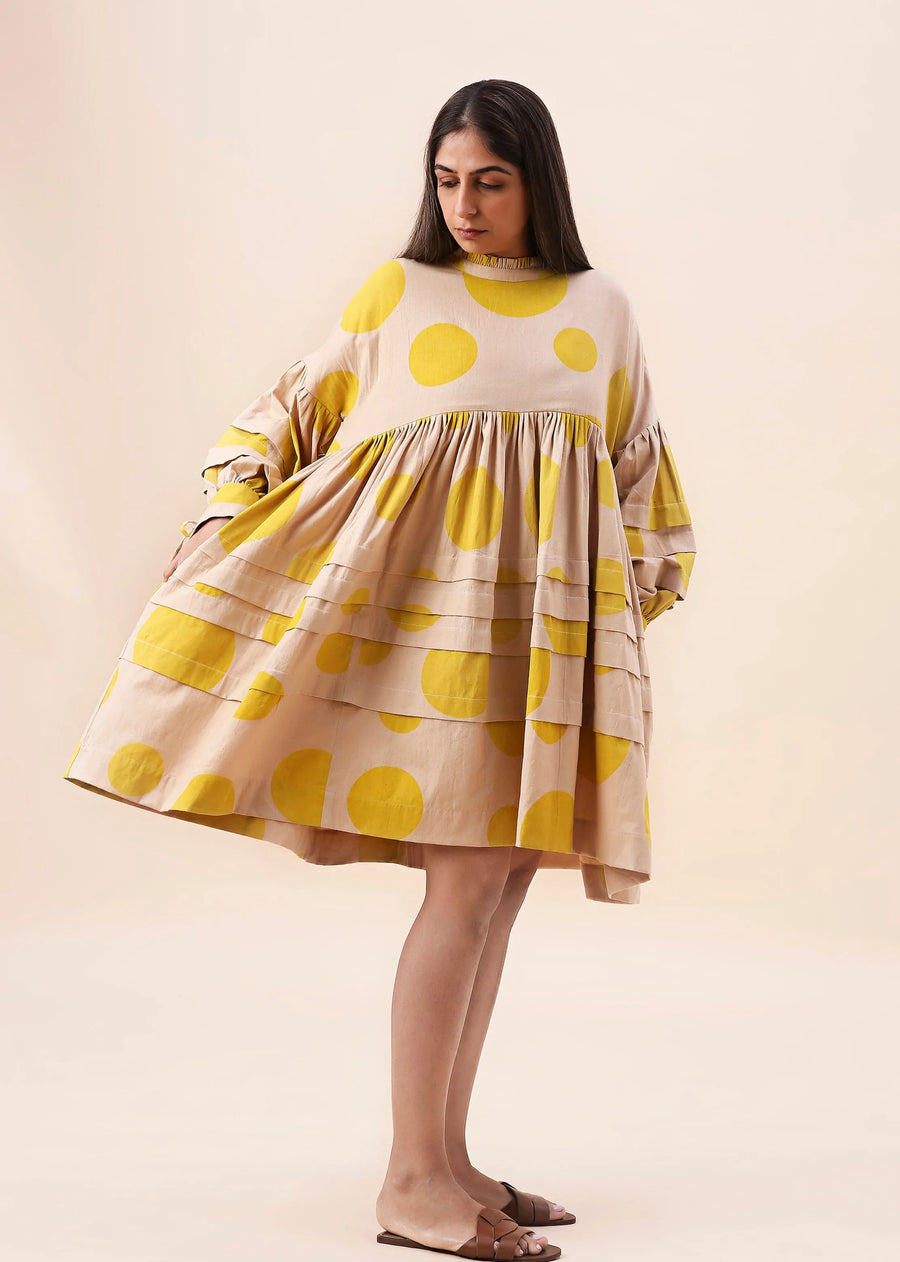 A Model Wearing Yellow, Red, Blue Pure Cotton Capsule Edit Hand Block Printed Polka Avira Dress, curated by Only Ethikal