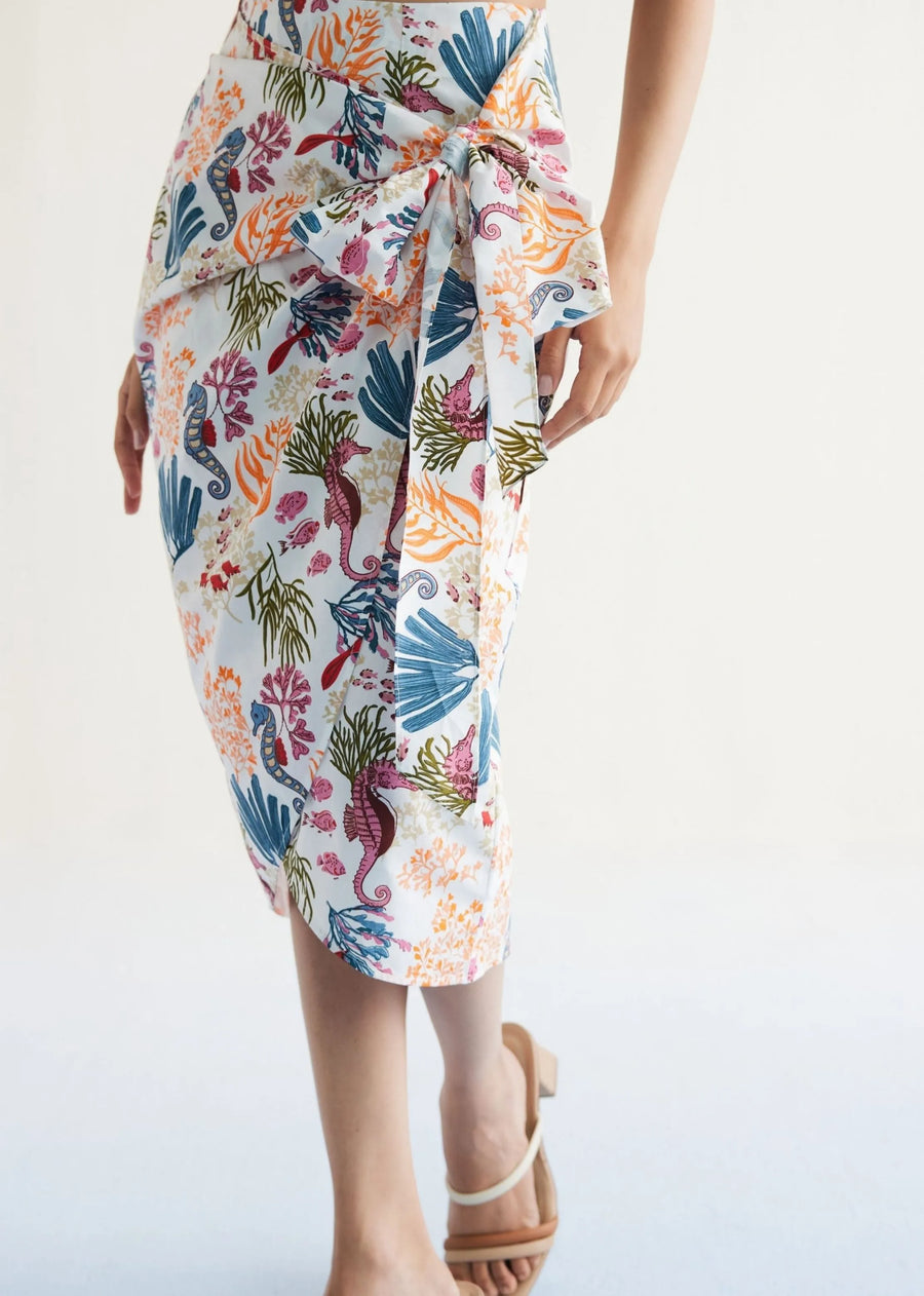 Blooming Reef Cotton White Wrap Skirt