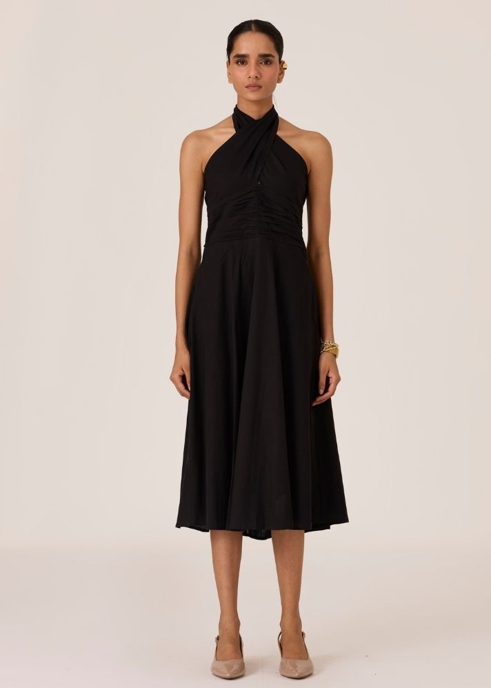 A Model Wearing Black Organic Cotton Samaria Black Halter Dress , curated by Only Ethikal