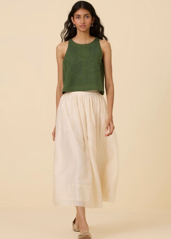 A Model Wearing Green Linen Olena Green Embroidered Top , curated by Only Ethikal