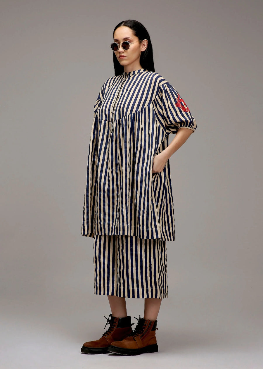 Egg-Shell Blue Striped Short Acra Tunic
