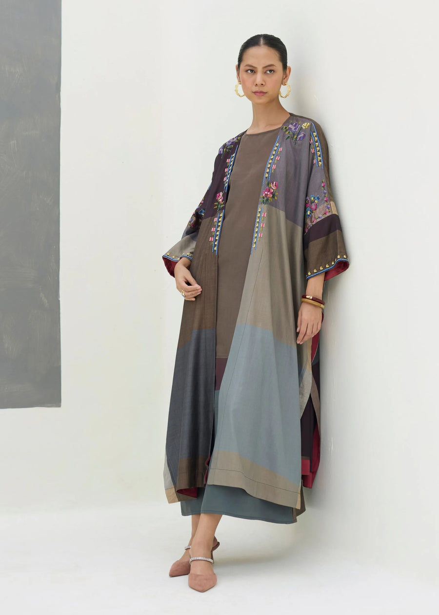 A Model Wearing Brown Silk Darri Hand-Embroidered Overlay With Mulberry Silk Dress - Taupe Grey, curated by Only Ethikal