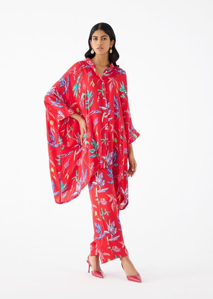 A Model Wearing Multicolor Vegan Silk Botanica Short Kimono And Pants , curated by Only Ethikal