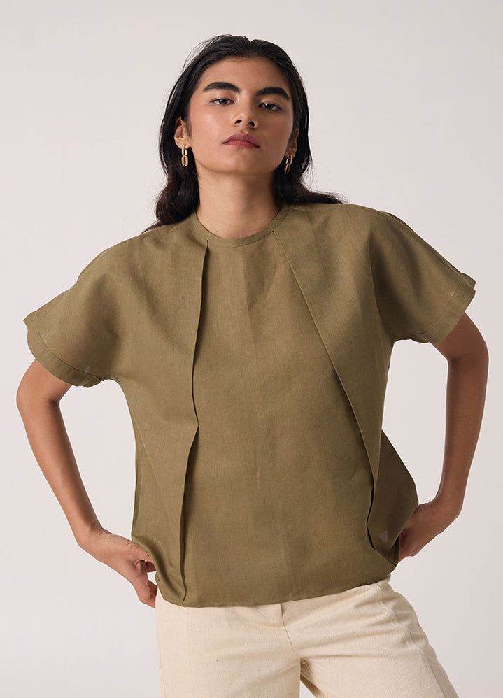 A Model Wearing Olive Linen Cotton Pam Olive Top , curated by Only Ethikal