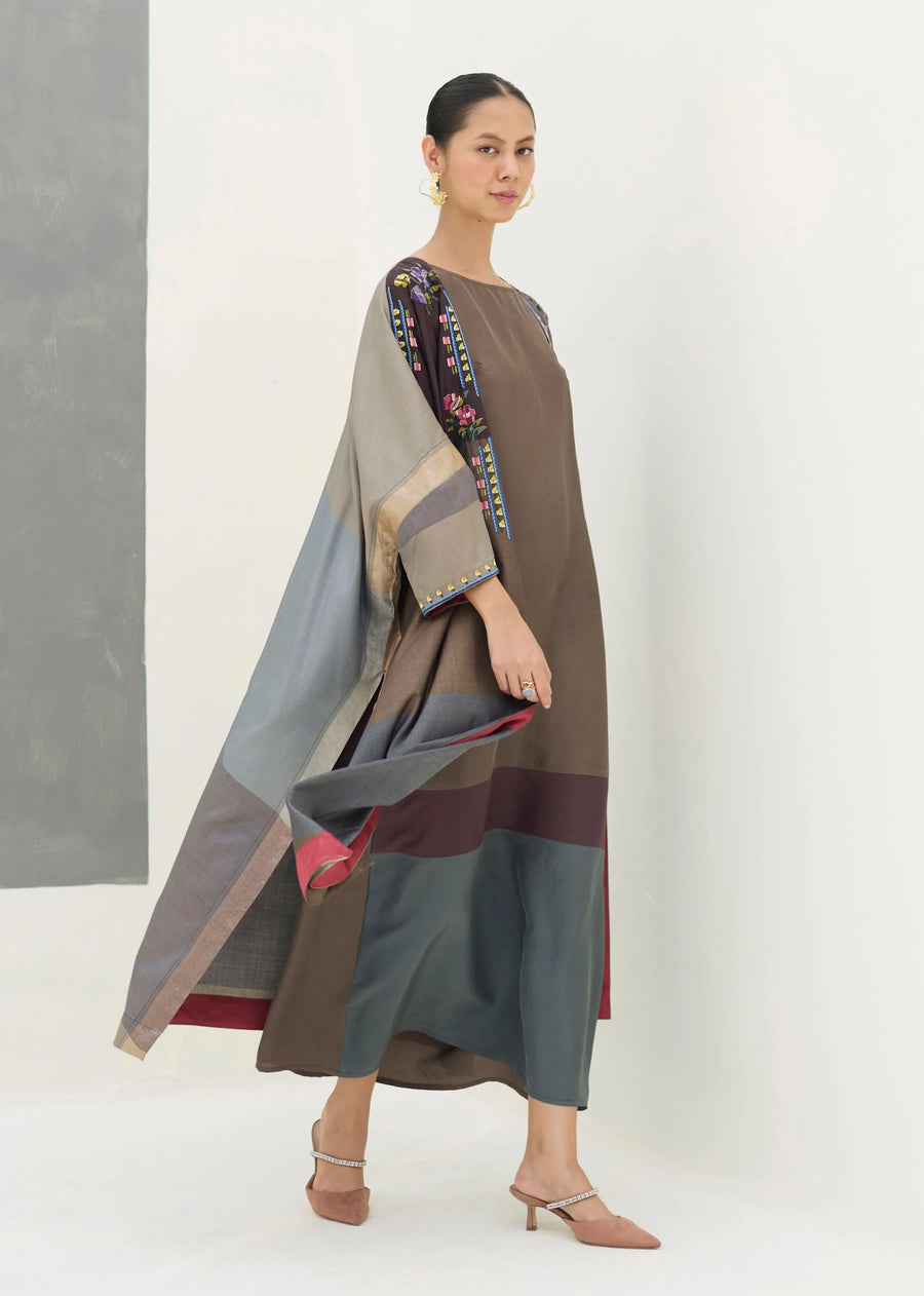 Darri Hand-Embroidered Overlay With Mulberry Silk Dress - Taupe Grey