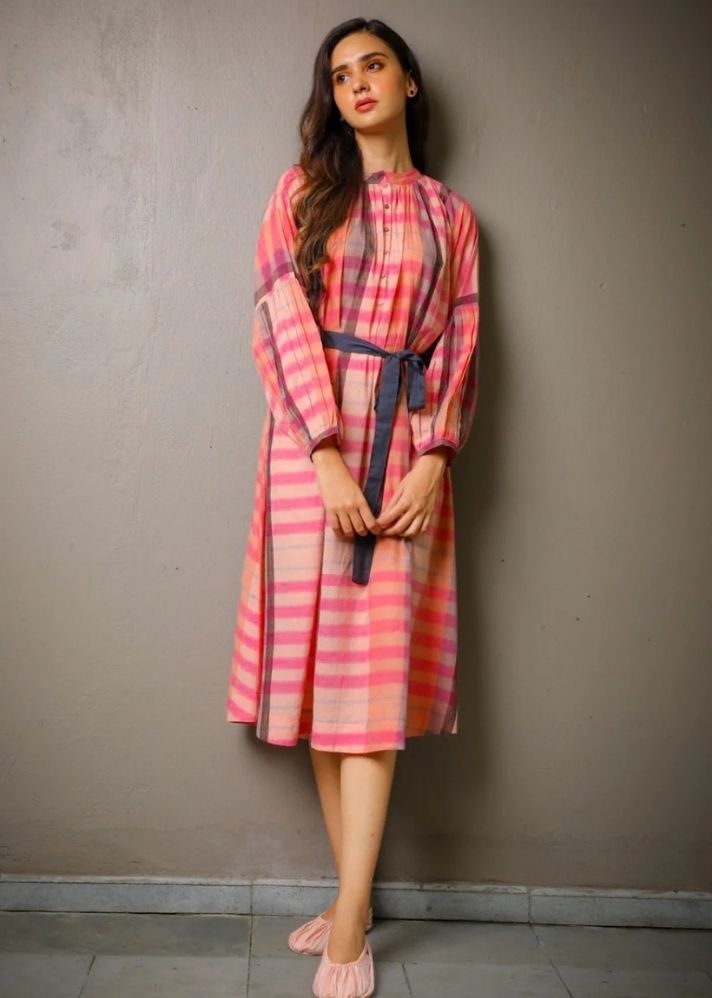 A Model Wearing Multicolor Jamdani Cotton Shalini Dress, curated by Only Ethikal