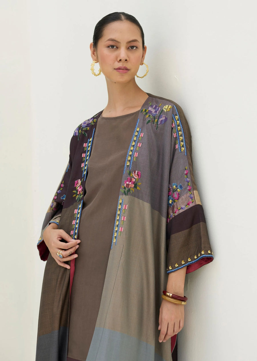 Darri Hand-Embroidered Overlay With Mulberry Silk Dress - Taupe Grey