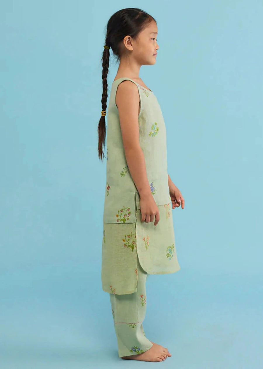 Kids Aneya Patchwork Floral Linen Kurta- Mint