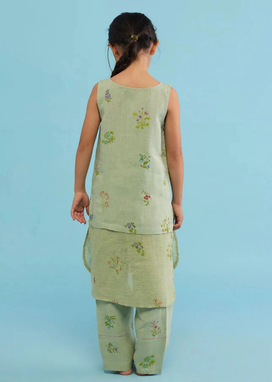 Kids Aneya Patchwork Floral Linen Kurta- Mint