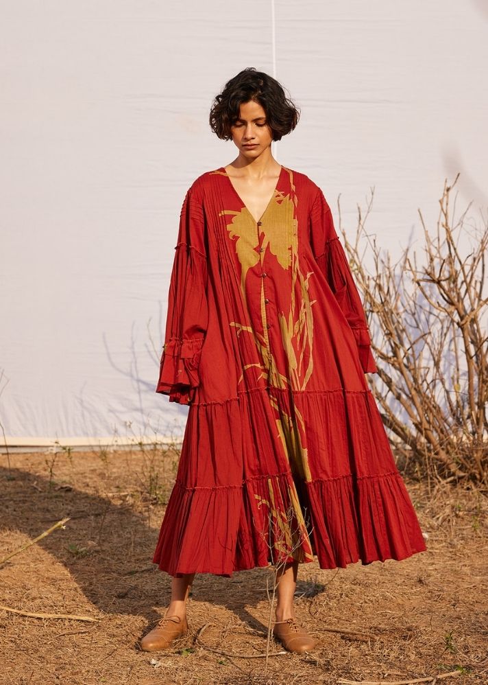 A Model Wearing Red Cotton Mul Mahogany, curated by Only Ethikal