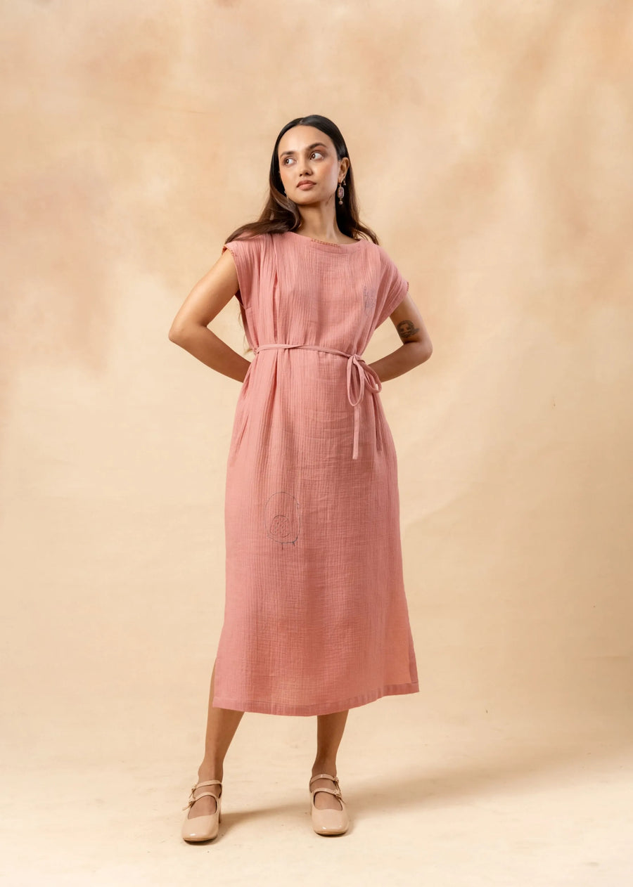 A Model Wearing Pink Organic Cotton Erna Organic Cotton Dress With Waist Belt, curated by Only Ethikal