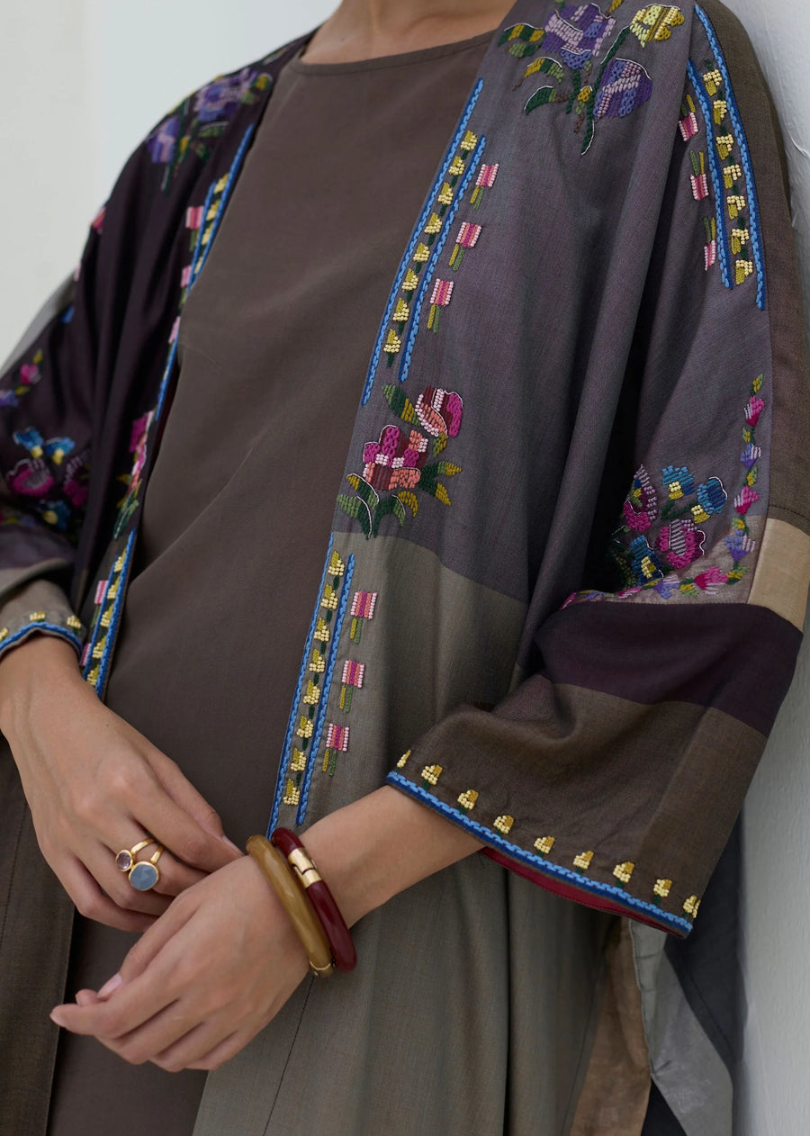 Darri Hand-Embroidered Overlay With Mulberry Silk Dress - Taupe Grey