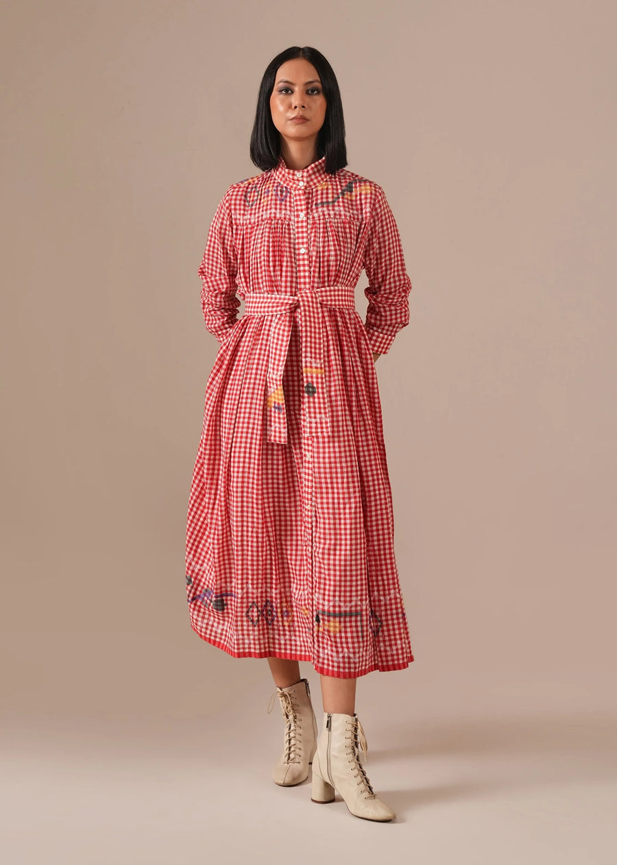 A Model Wearing Red Pure Cotton Cherry Blossom Cotton Dress, curated by Only Ethikal