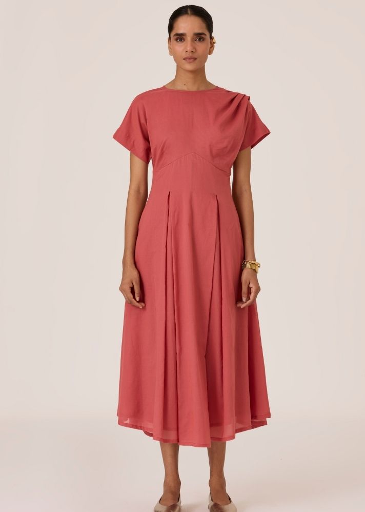 A Model Wearing Pink Organic Cotton Sead Rouge Pleated Midi Dress , curated by Only Ethikal