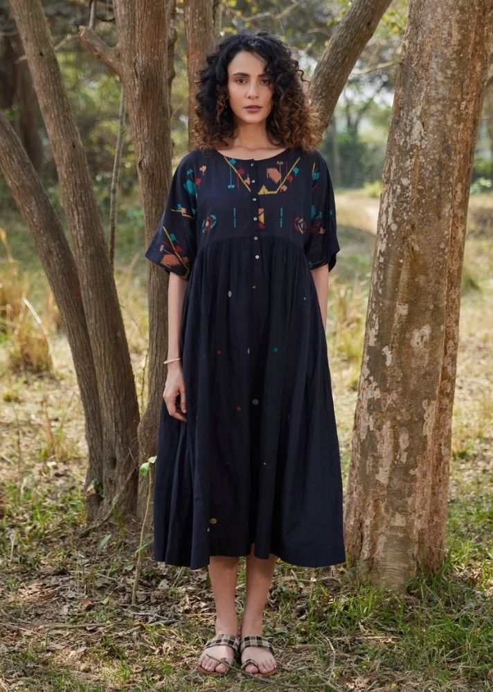 A Model Wearing Multicolor Jamdani Cotton Shila Dress, curated by Only Ethikal