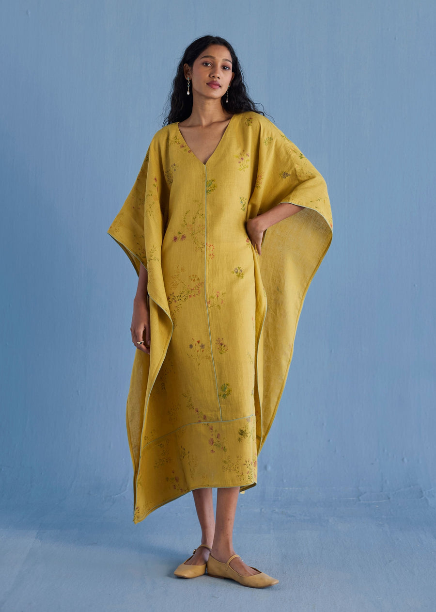 Eva Floral Linen Kaftan Dress - Ochre