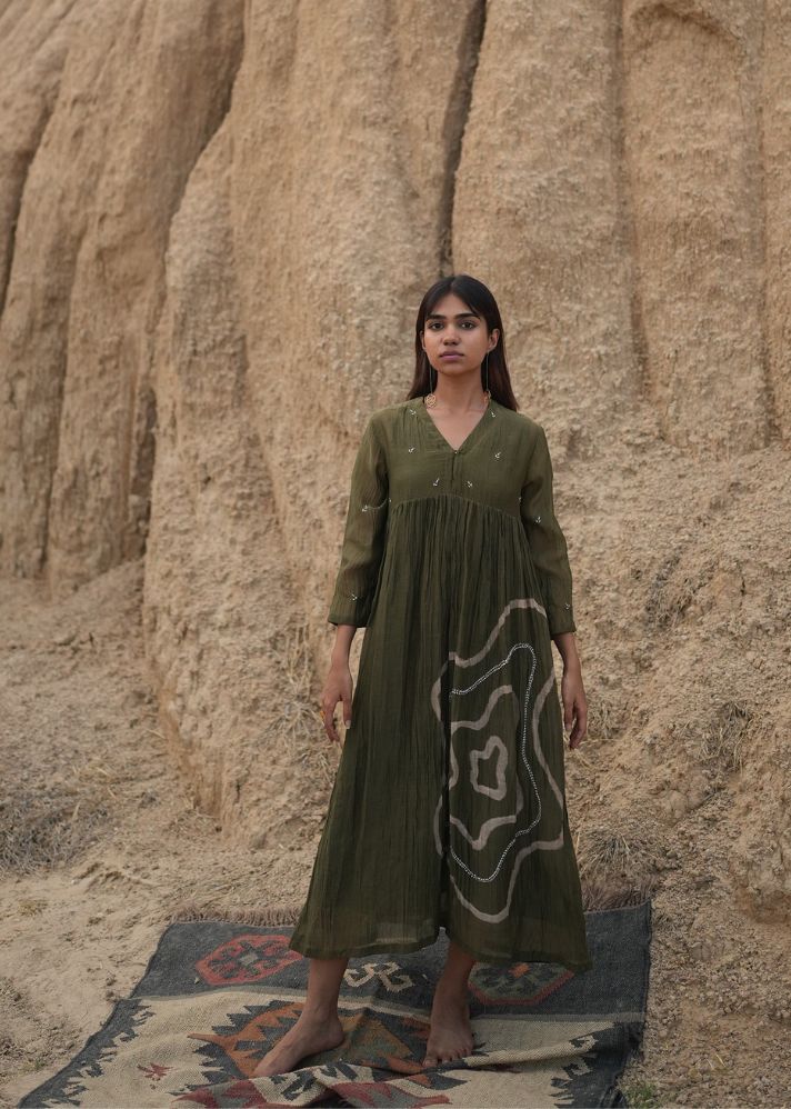 A Model Wearing Olive Chanderi Cotton Olive Arazi Dress, curated by Only Ethikal