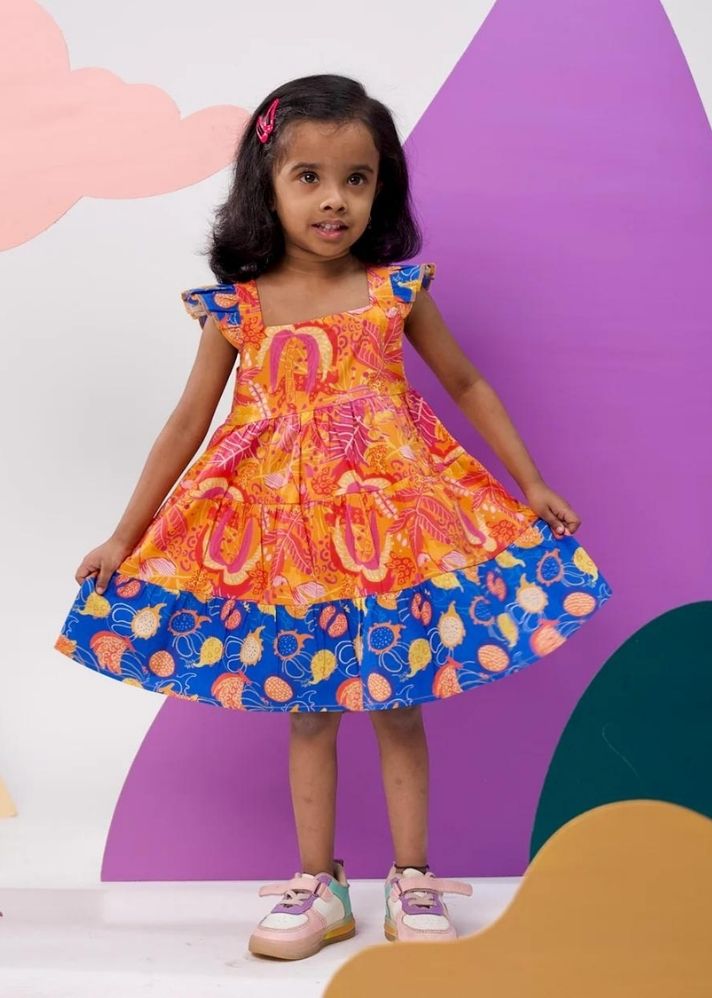 A Model Wearing Multicolor Cotton Tango Tropics Printed Tiered Dress, curated by Only Ethikal