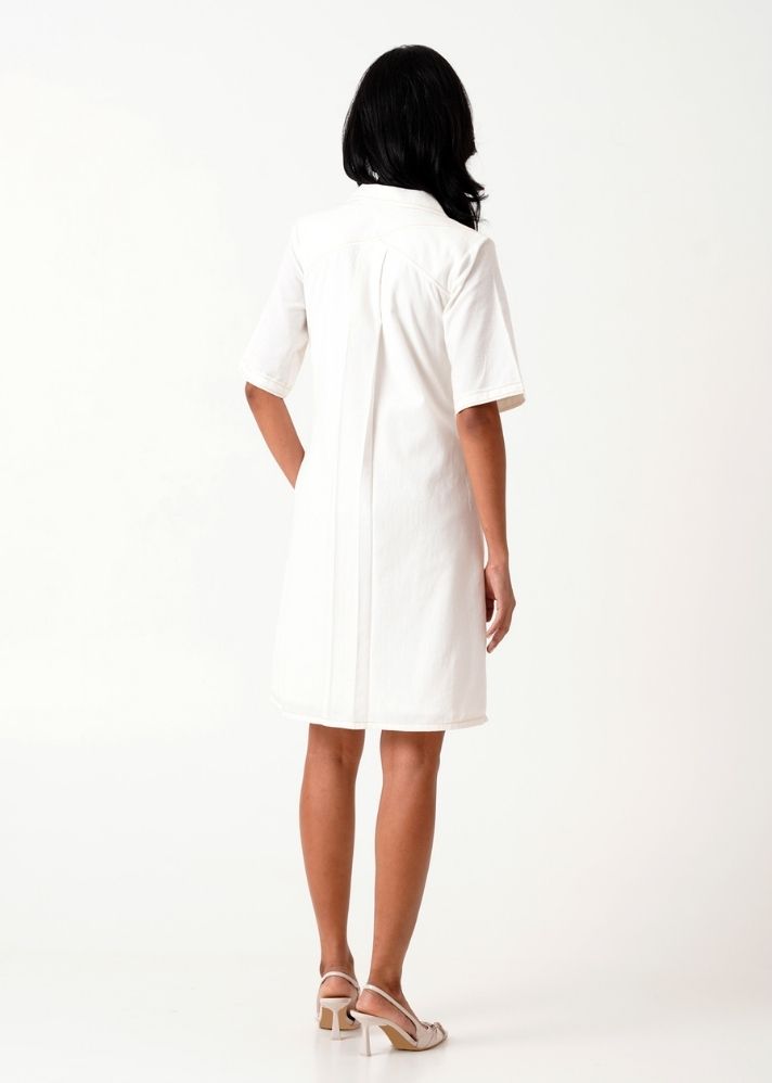 A Model Wearing White Handloom Cotton Taiwo Short Dress White, curated by Only Ethikal