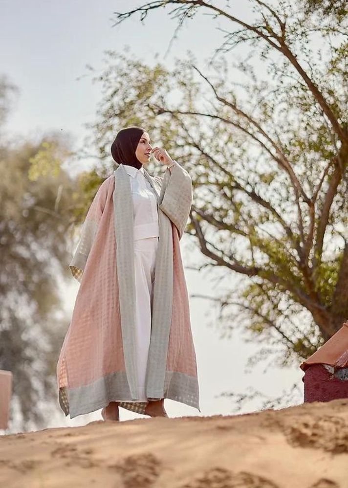 A Model Wearing Multicolor Linen Abidha Abaya - Mint + Pink, curated by Only Ethikal