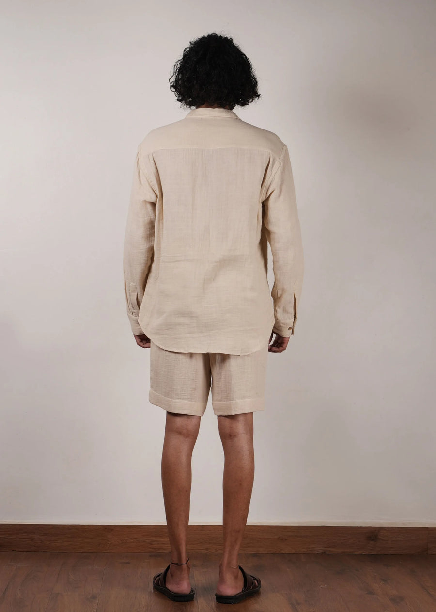 Men'S Pocket Crush Cotton Cream Shirt