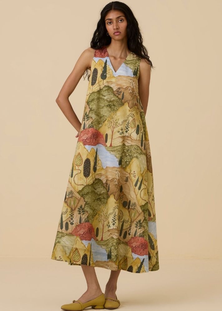 A Model Wearing Multicolor  Organic Cotton Riaz Ochre Print Maxi Dress, curated by Only Ethikal