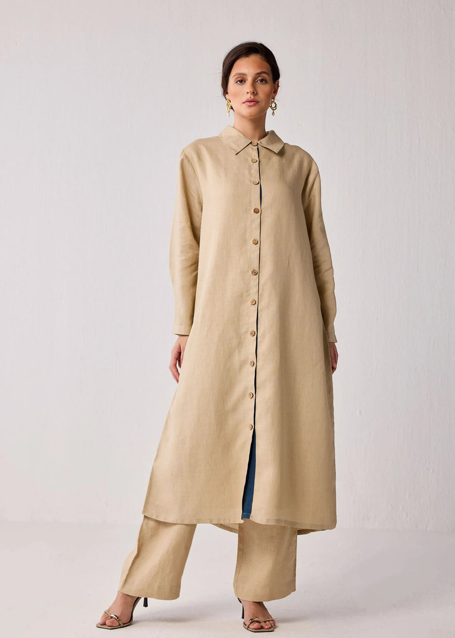 A Model Wearing Beige Hemp Oversized Hemp Shirt Dress With Front Buttons In Beige, curated by Only Ethikal